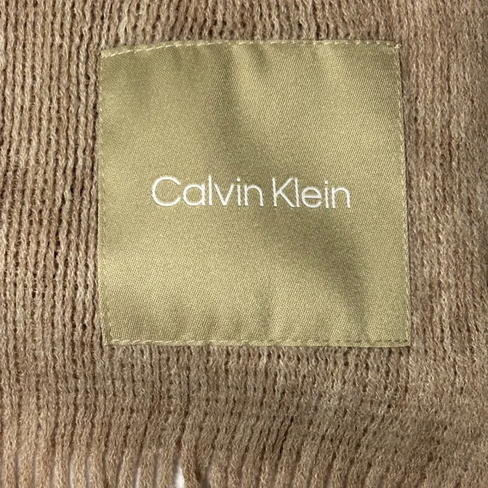 Calvin Klein Tan Ribbed Knit Scarf with Fringe and Logo Patch NEW‎